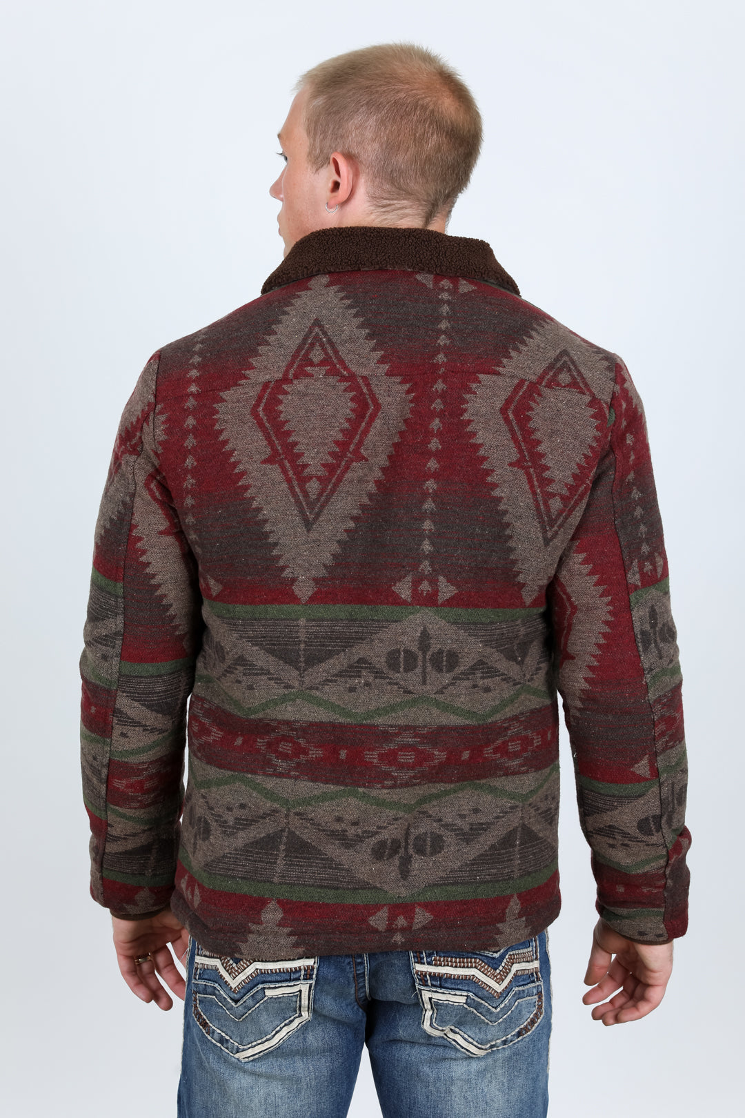 Mens Ethnic Aztec Quilted Fur Lined Jacket - Burgundy