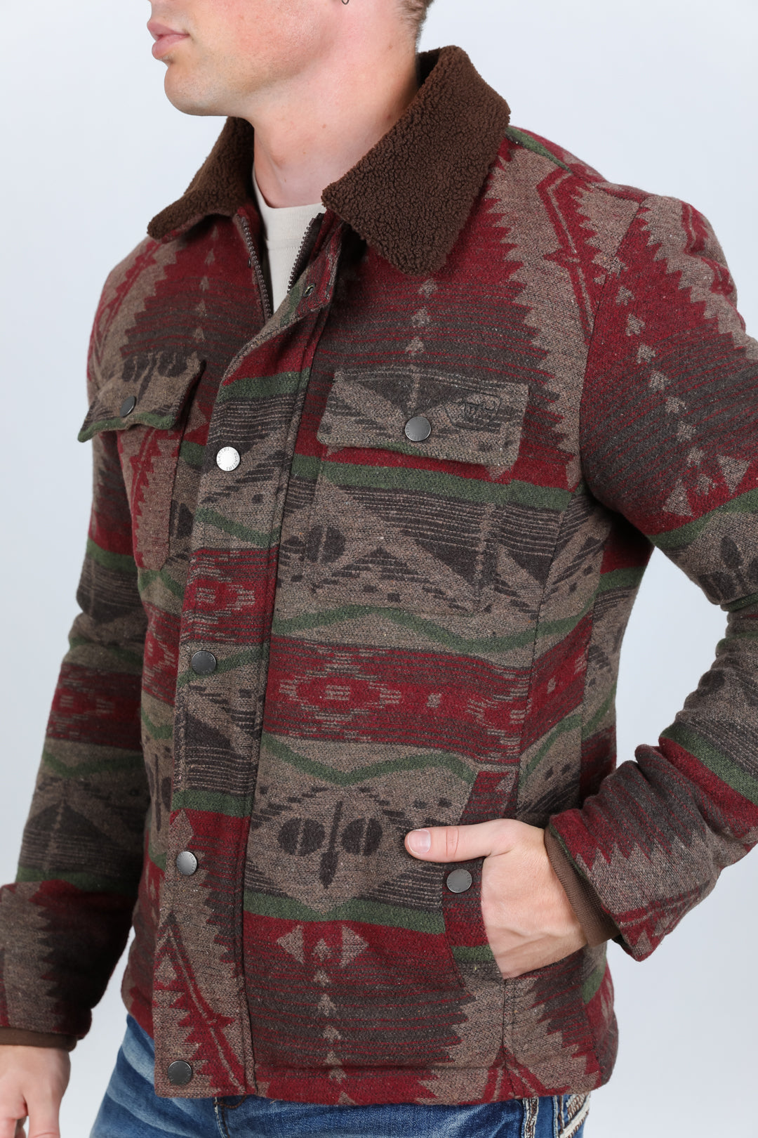 Mens Ethnic Aztec Quilted Fur Lined Jacket - Burgundy