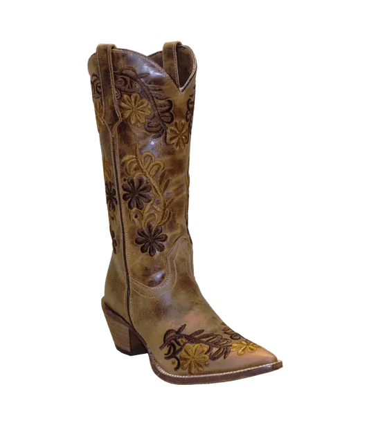 Brown cowboy boot with floral embroidery on a white background