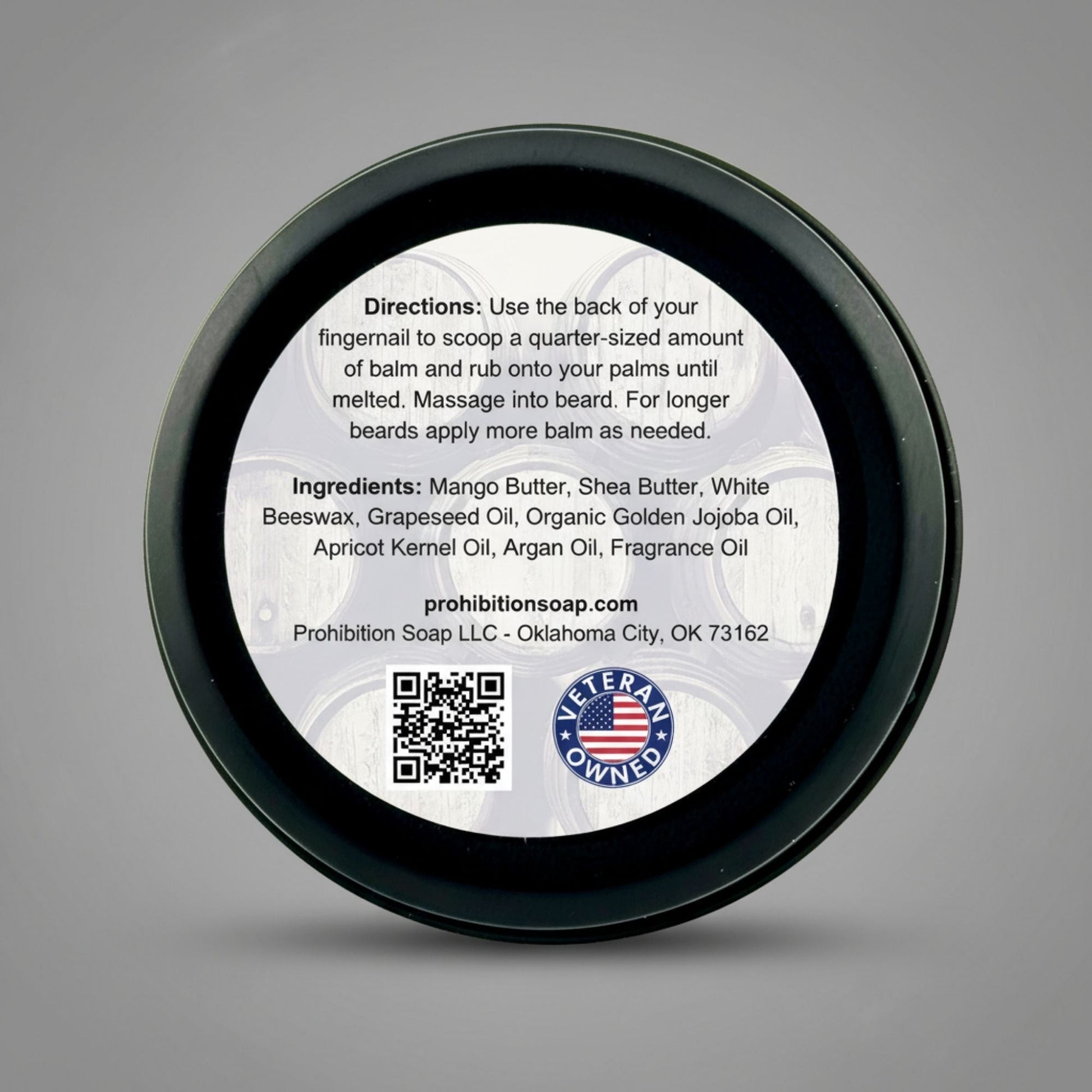 Prohibition Soap Barber Shop Beard Balm container with label on a gray background