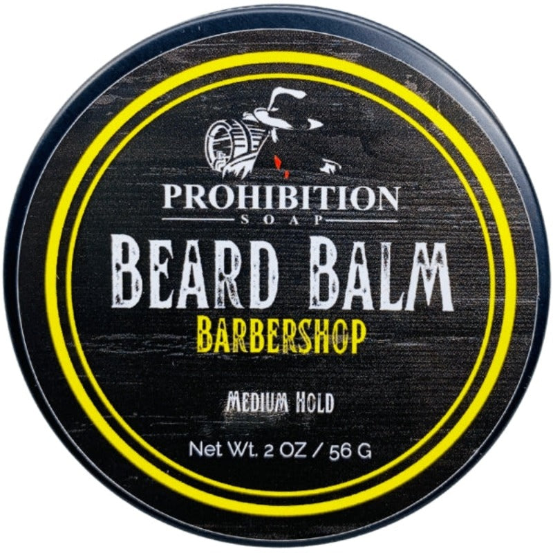 Prohibition Soap Barbershop Beard Balm container with black and yellow design.