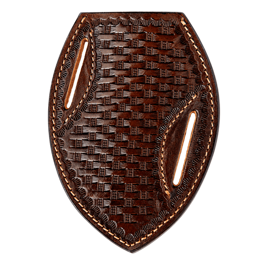 Front view of handmade basket weave leather pancake knife sheath with full coverage cross draw design