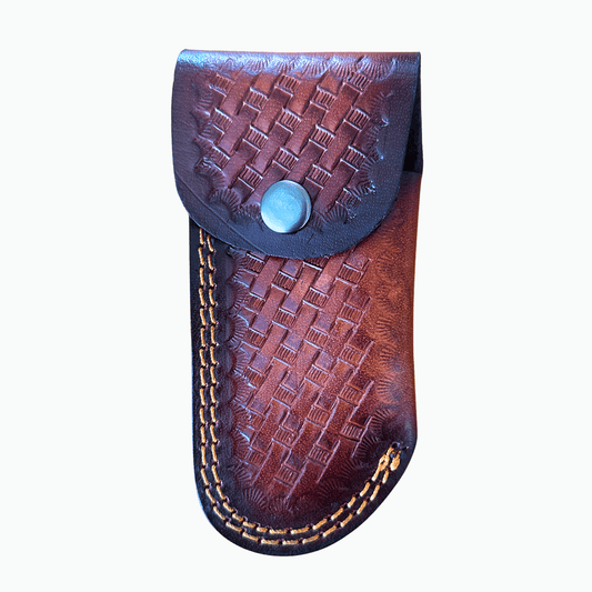A brown leather pouch sheath with a textured basketweave pattern, featuring a snap button closure and contrast stitching, shown against a plain white background.