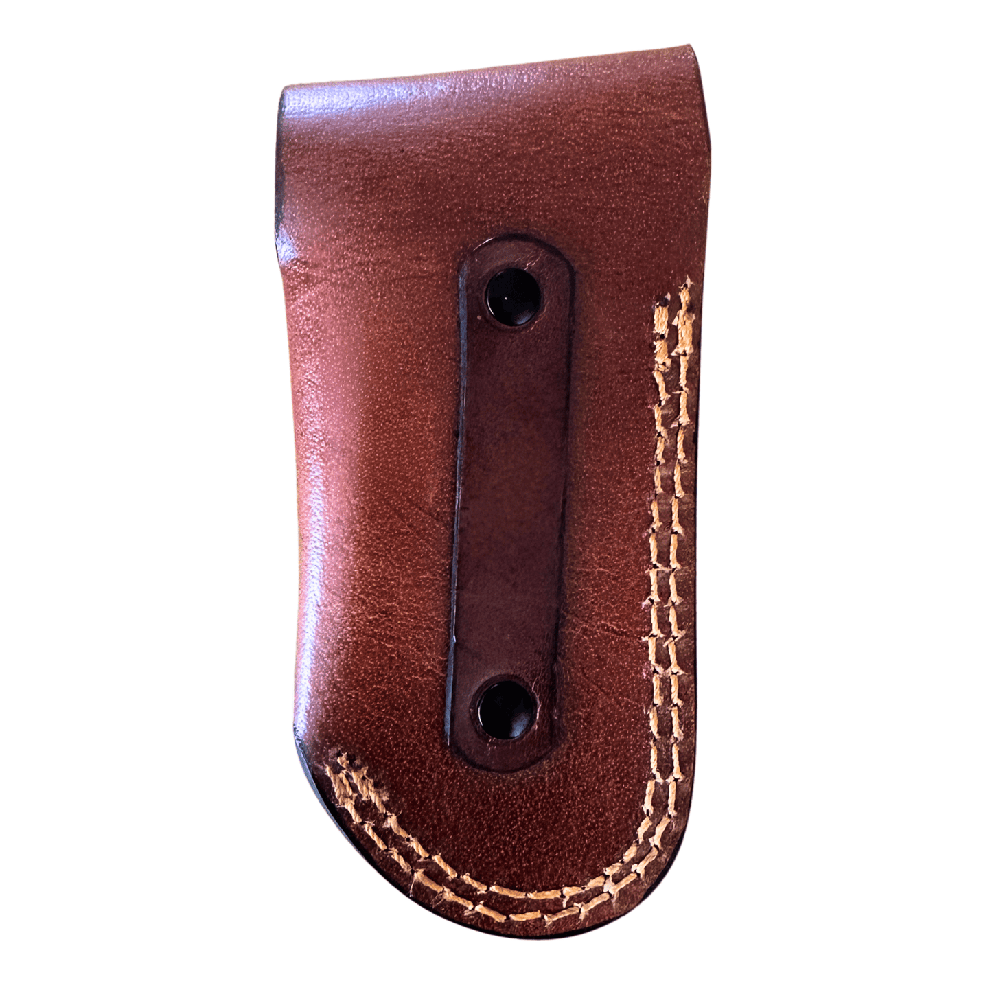 A brown leather knife sheath with light tan contrast stitching and a central leather loop with two holes, shown on a plain white background.