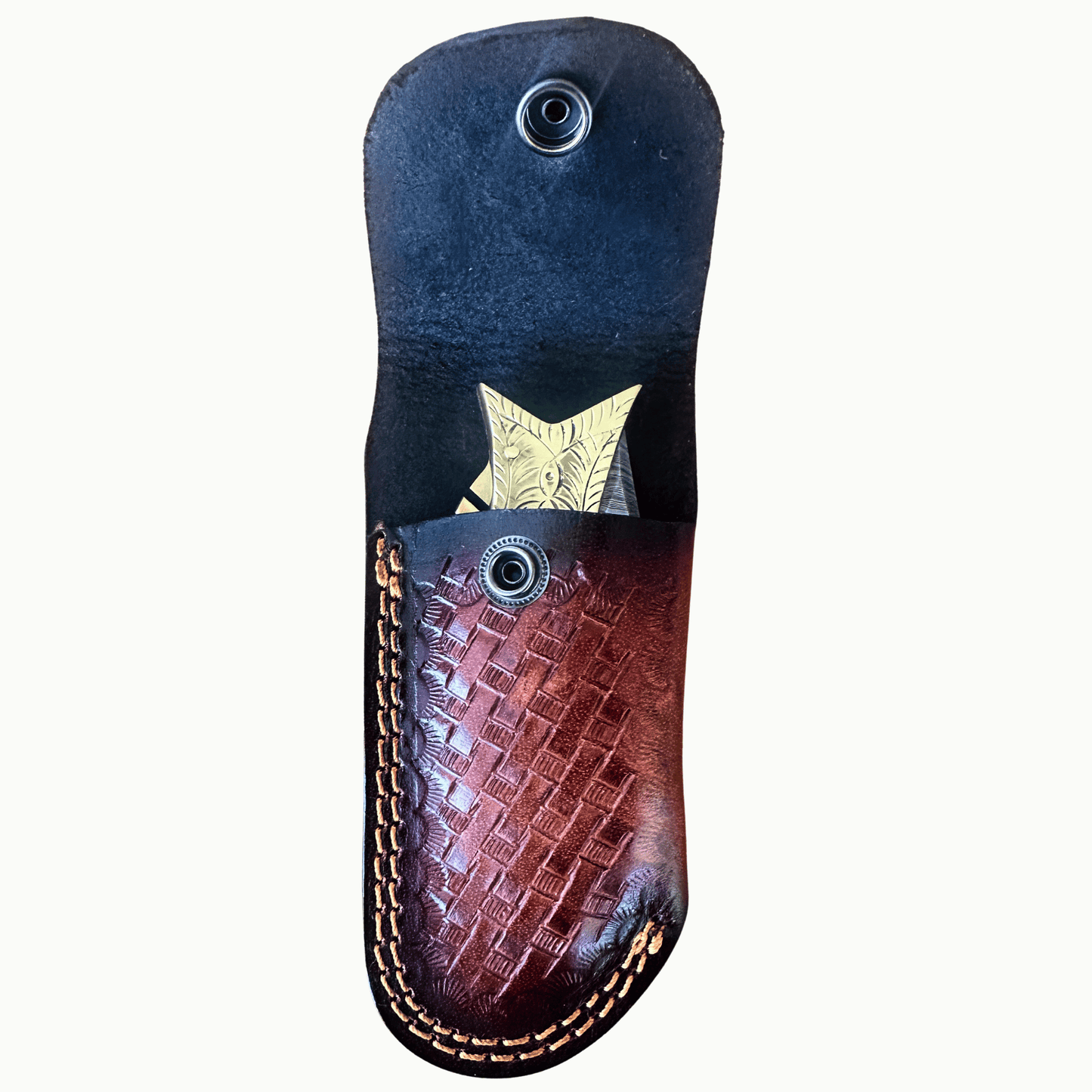 A brown leather sheath with a textured woven pattern on the front pocket and custom fishing knife shown on a plain white background.