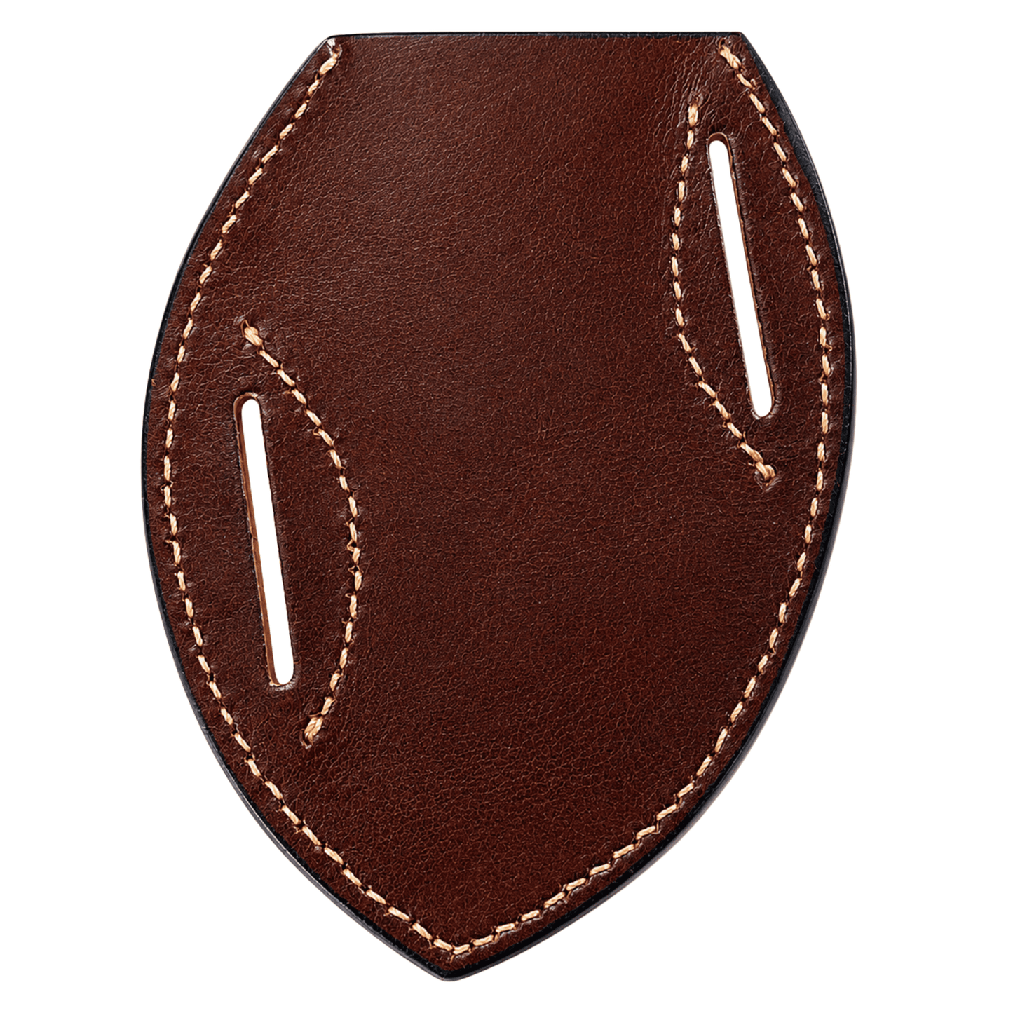 Back view of handmade full-grain leather pancake knife sheath with belt slots for angled carry