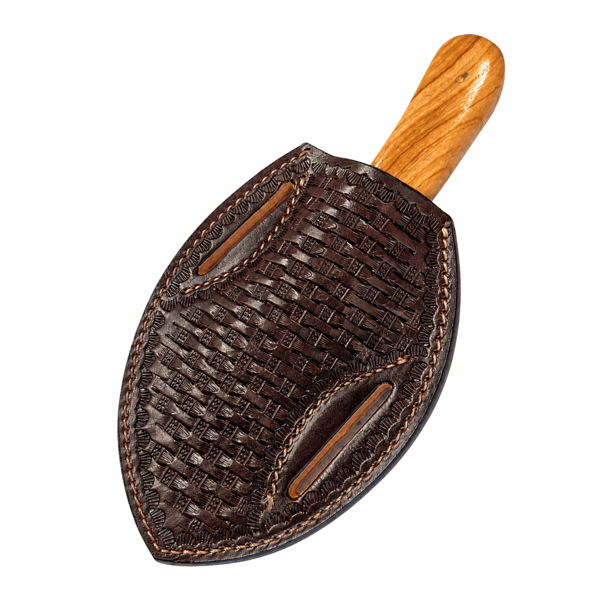 Basket weave leather pancake knife sheath with fixed blade knife and rosewood handle on white background