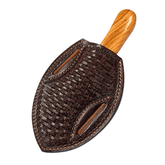 Basket weave leather pancake knife sheath with fixed blade knife and rosewood handle on white background