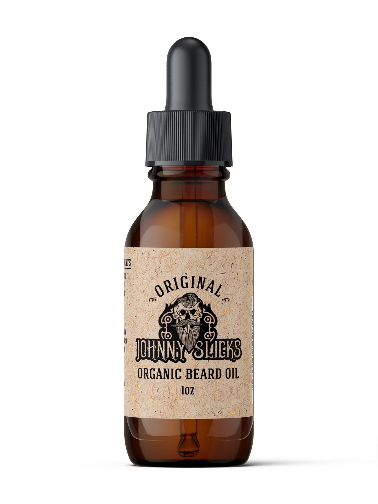 Bottle of Johnny Slicks Organic Beard Oil with a dropper on a white background. 10 oz