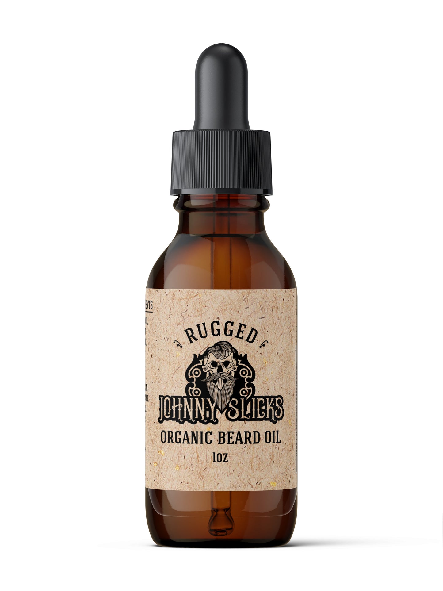 Bottle of Rugged Johnny Slicks Organic Beard Oil on a white background. 10 oz