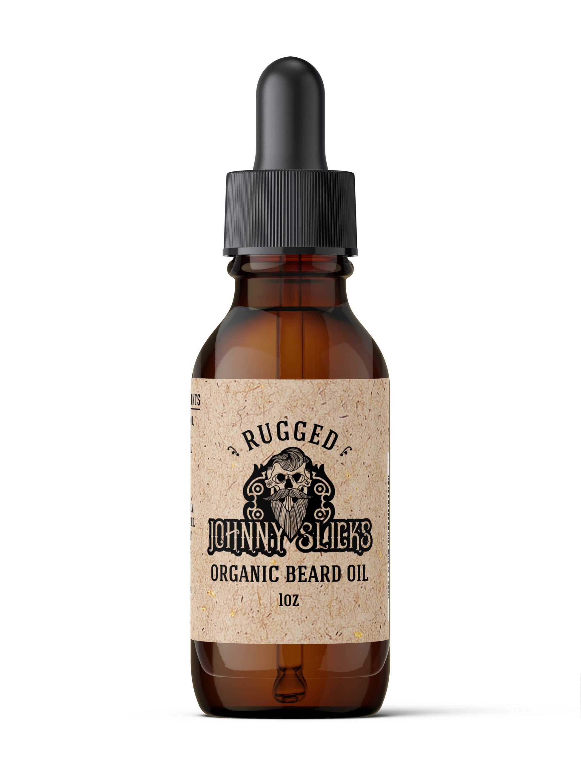 Bottle of Rugged Johnny Slicks Organic Beard Oil on a white background. 10 oz