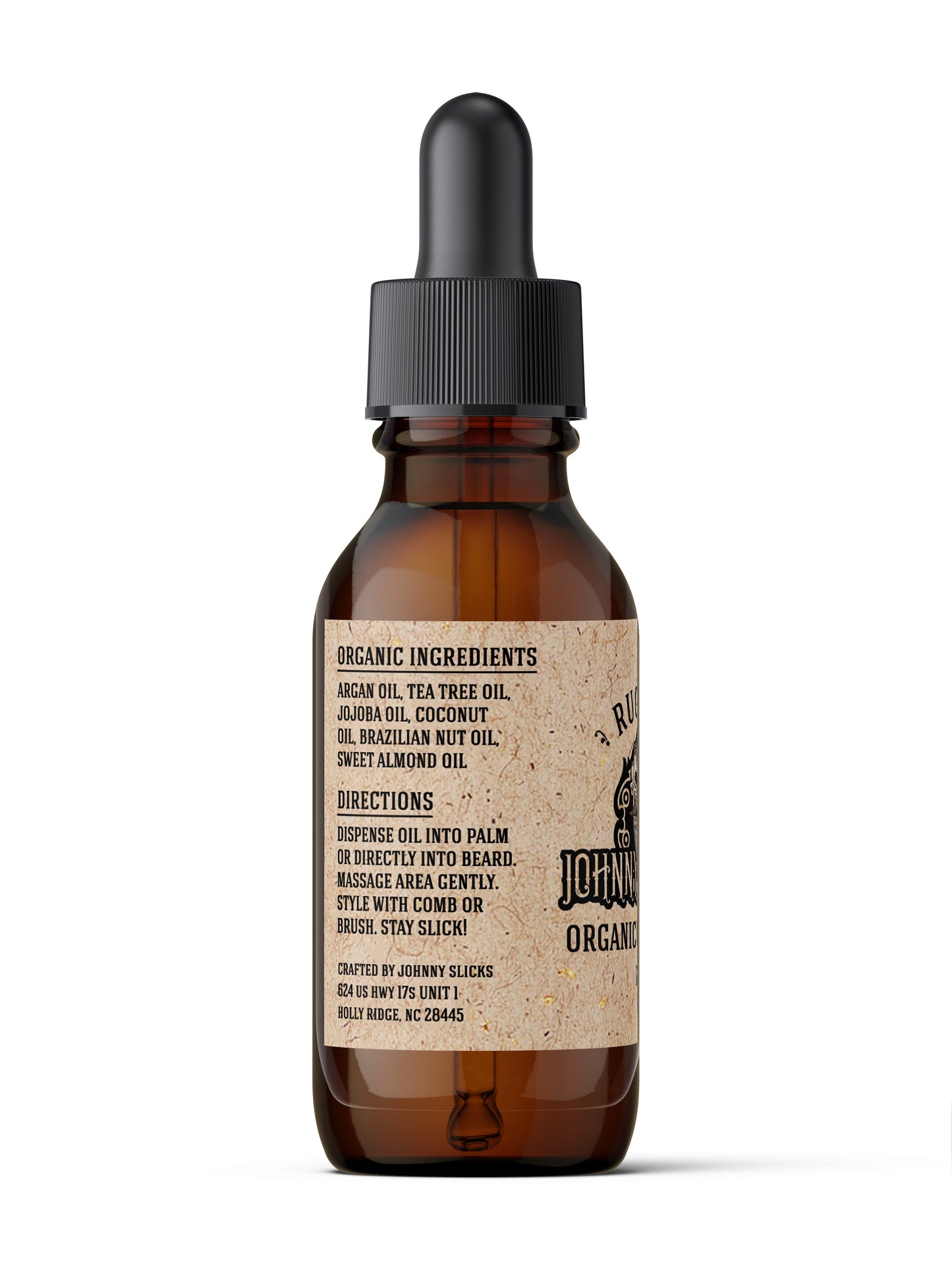 Brown glass bottle with dropper labeled 'Johnny Slicks Organic' on a white background