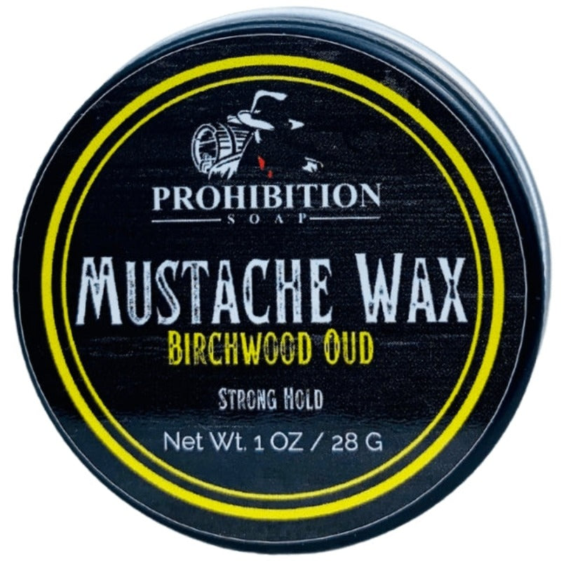 Mustache wax container with 'Prohibition Soap' branding on a white background