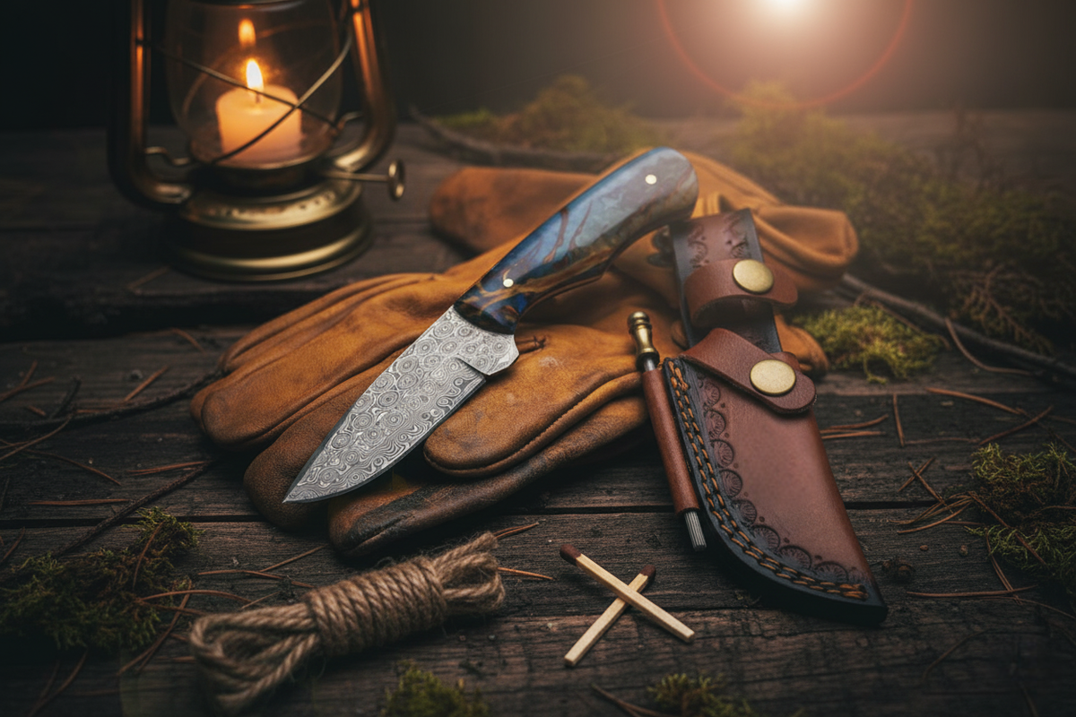Titan Forestborn Damascus Hunting Knife – Real Pine Cone Resin Handle, Leather Sheath