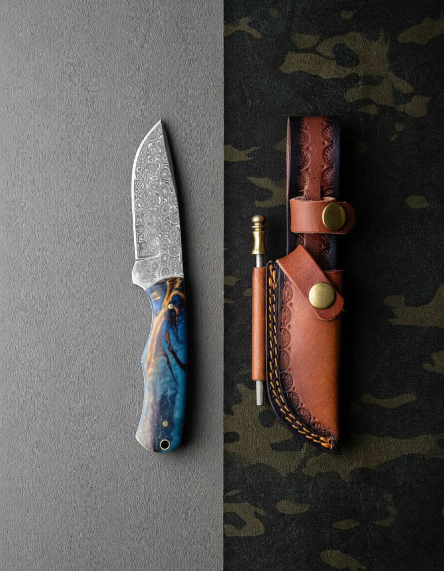 Titan Forestborn Damascus Hunting Knife – Real Pine Cone Resin Handle, Leather Sheath