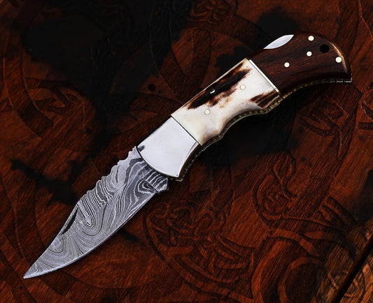 Damascus Steel Pocket Knife with Damascus Folding Knife
