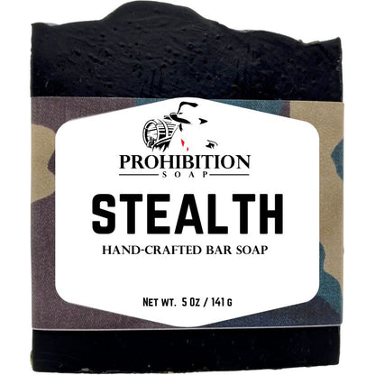 Bar of Prohibition Soap labeled 'Stealth' with camouflage packaging.