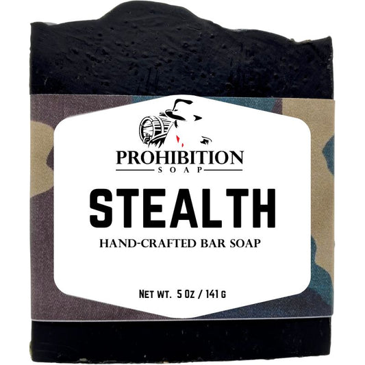 Bar of Prohibition Soap labeled 'Stealth' with camouflage packaging.