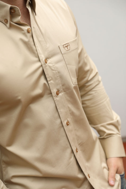 Single Pocket Logo Modern Fit Stretch Dress Shirt - Beige