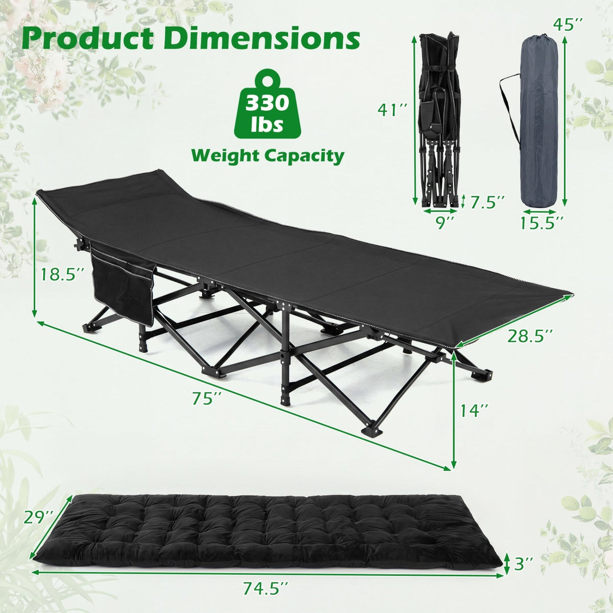 Camping Cot for Adults with Padded Mat & Carrying Bag