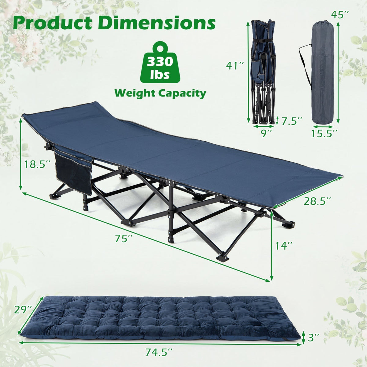 Camping Cot for Adults with Padded Mat & Carrying Bag