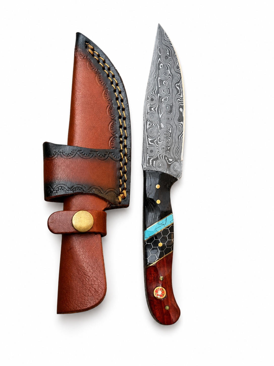 Titan Blue Ember Damascus Hunter Knife – Hardwood, Turquoise & Honeycomb Resin Handle, Leather Sheath