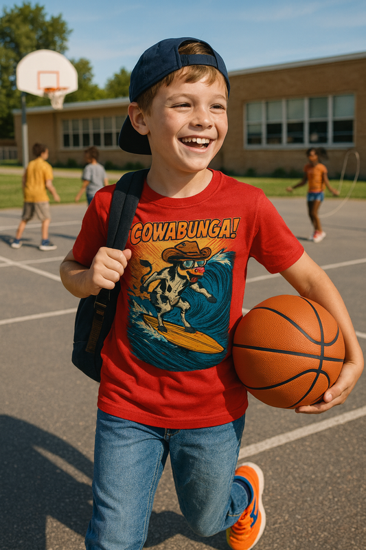 Cowabunga Surfing Cow Kids Tee