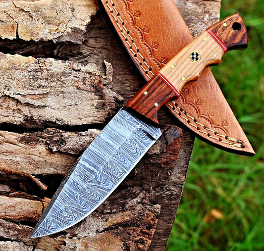 Custom Handmade Damascus Skinning Knife – Olive and Rosewood Handle, 4.5" Blade