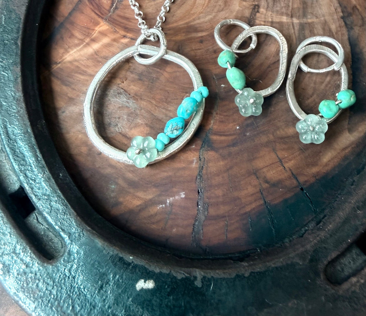 Desert Bloom Huggies & Pendant Set | Guatemalan Jadeite, Natural Turquoise & Sterling Silver