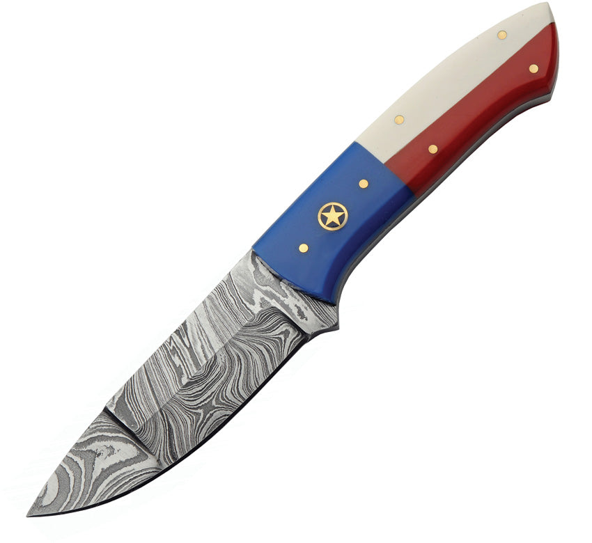 Damascus Texas Pride fixed blade knife with red, white and blue handle