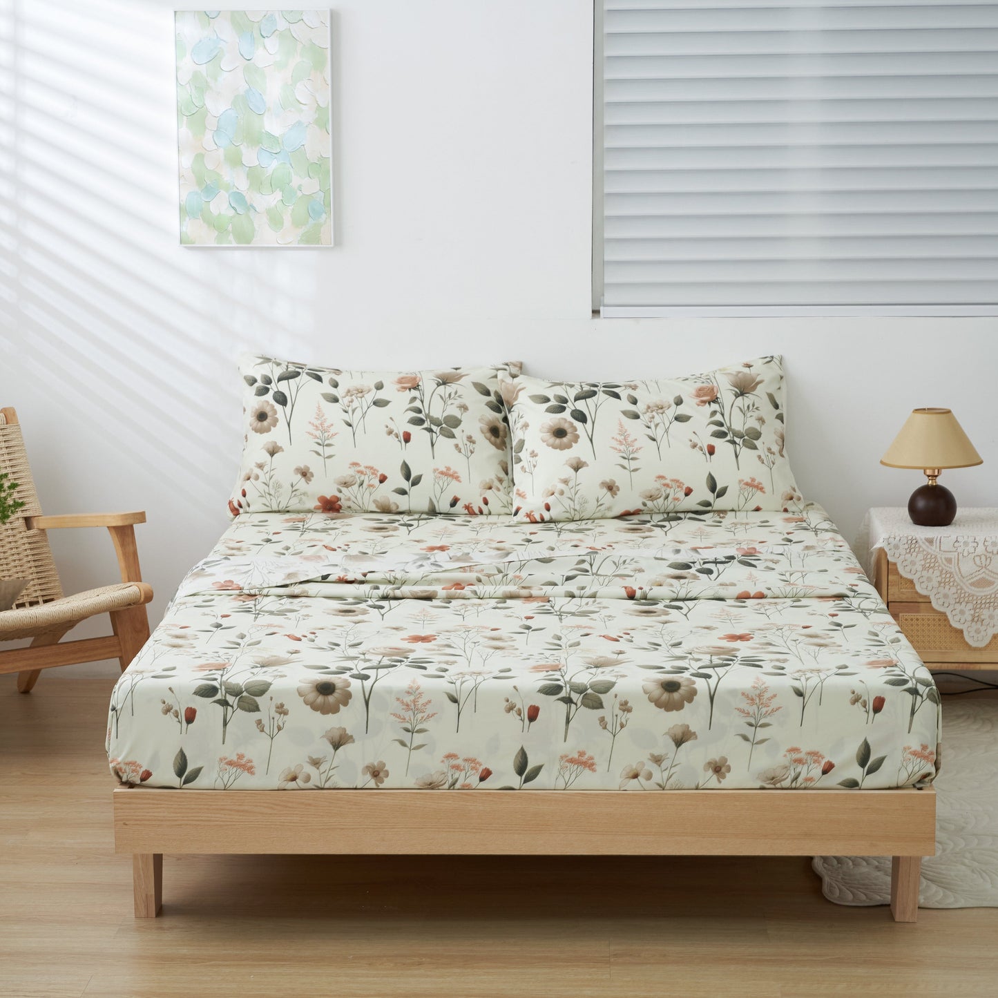 Enchanted Meadow Bed Sheet Set - Floral Harmony in Beige, Rose, and Soft Green