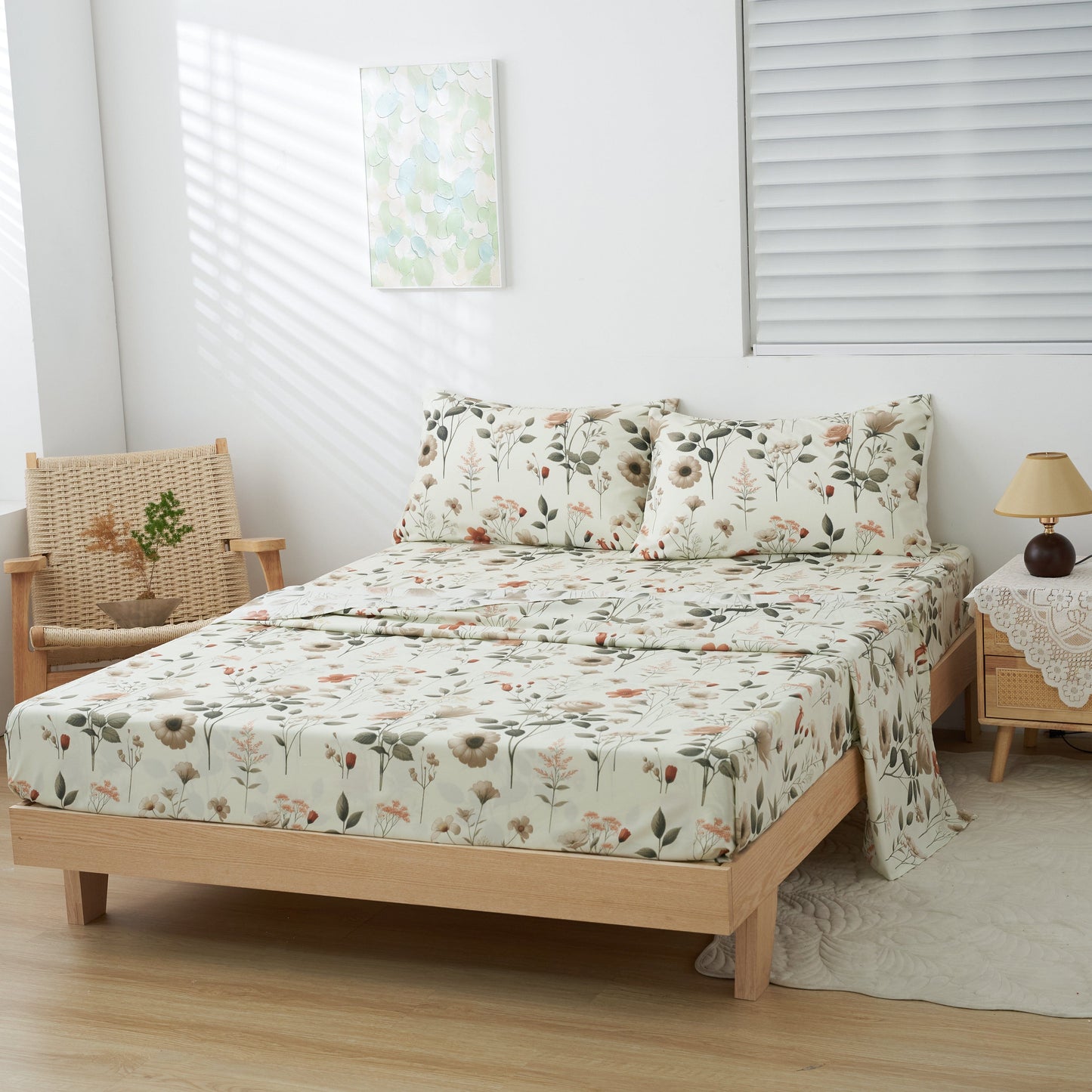 Enchanted Meadow Bed Sheet Set - Floral Harmony in Beige, Rose, and Soft Green