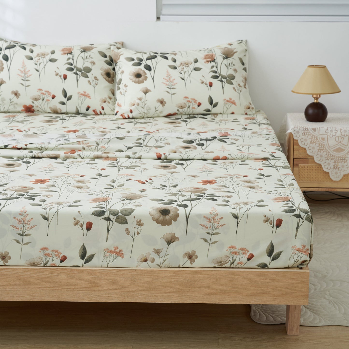 Enchanted Meadow Bed Sheet Set - Floral Harmony in Beige, Rose, and Soft Green
