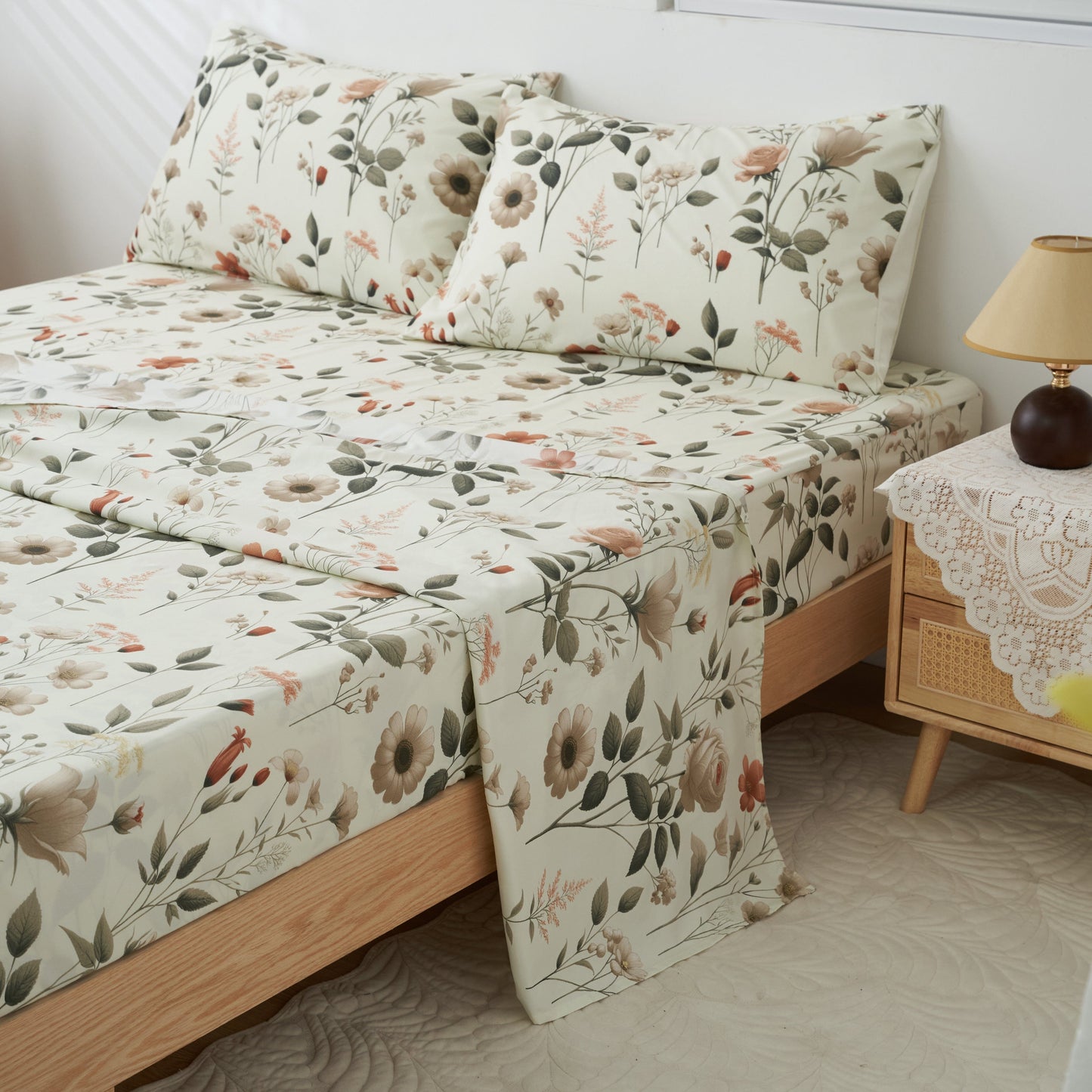 Enchanted Meadow Bed Sheet Set - Floral Harmony in Beige, Rose, and Soft Green