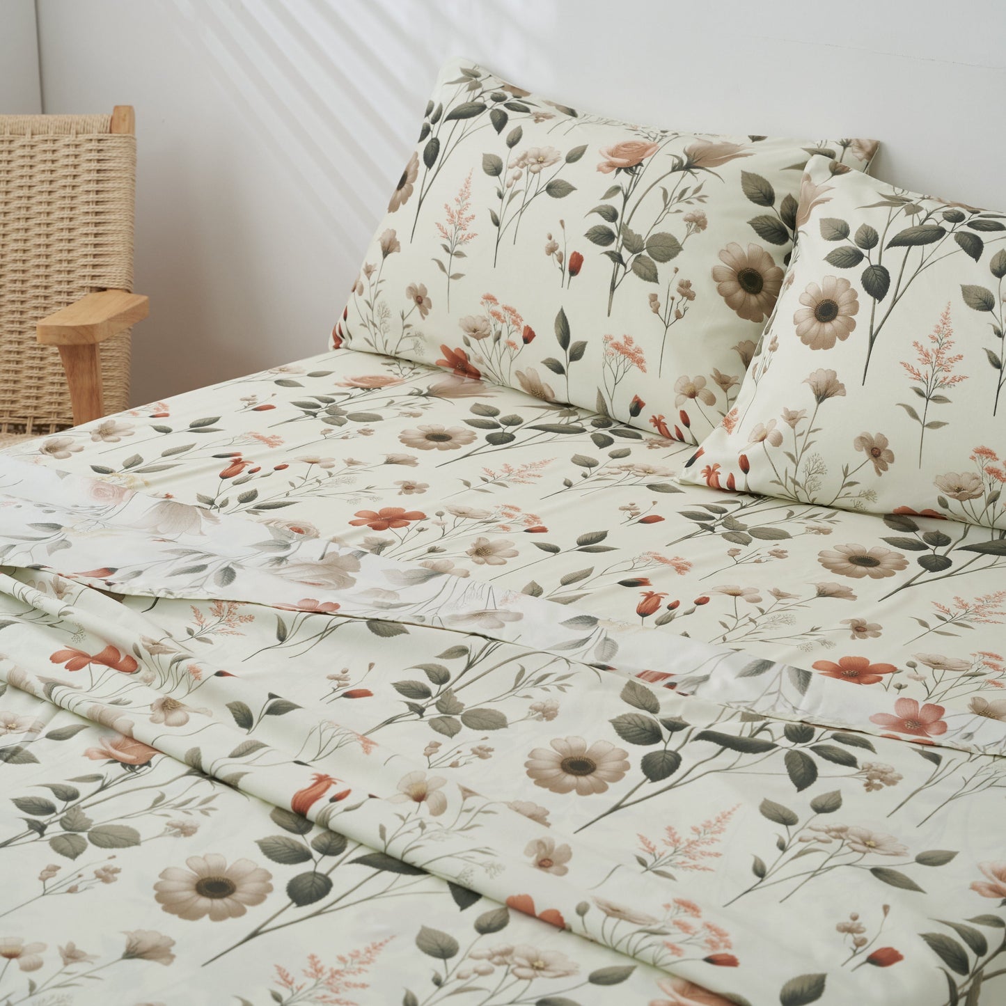 Enchanted Meadow Bed Sheet Set - Floral Harmony in Beige, Rose, and Soft Green