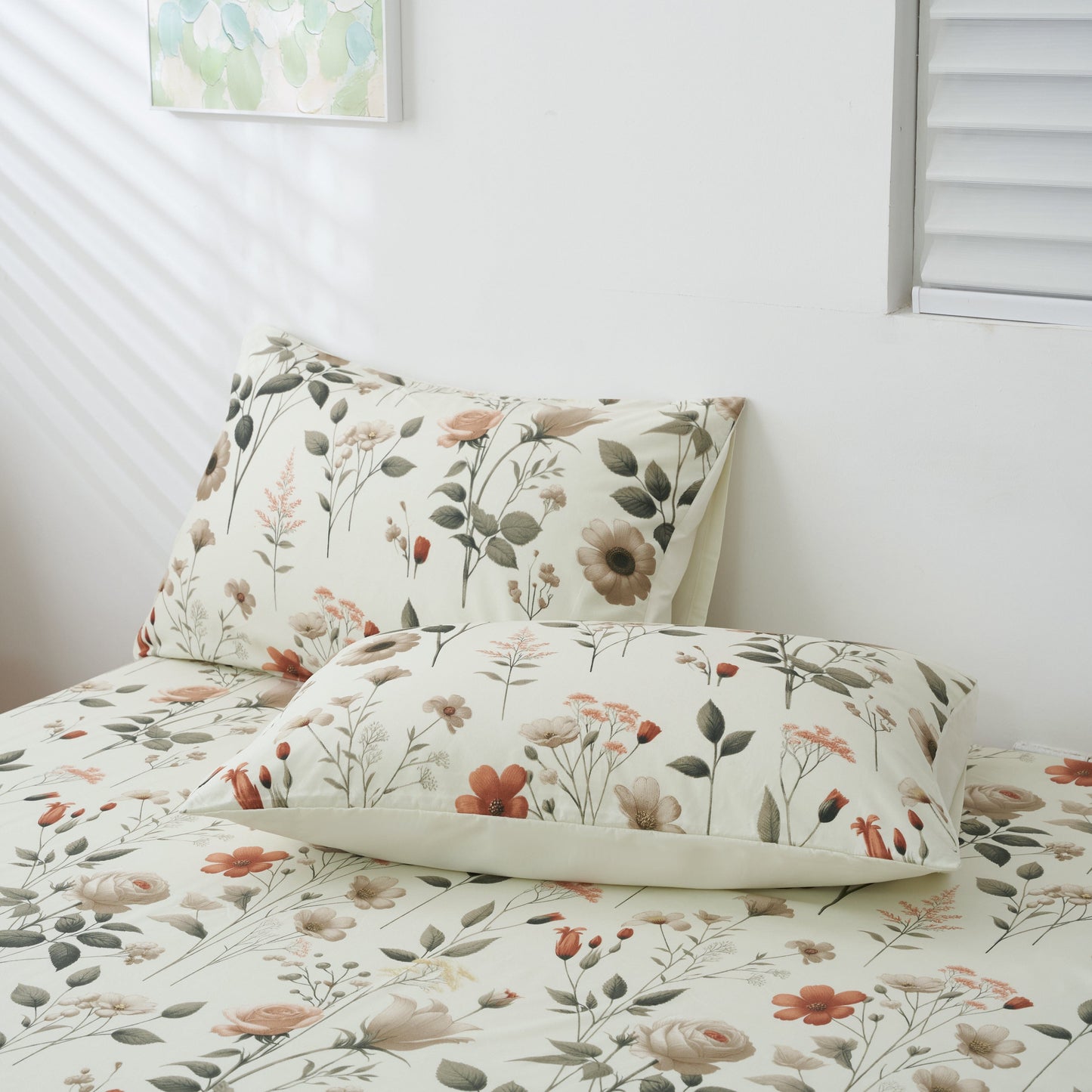 Enchanted Meadow Bed Sheet Set - Floral Harmony in Beige, Rose, and Soft Green