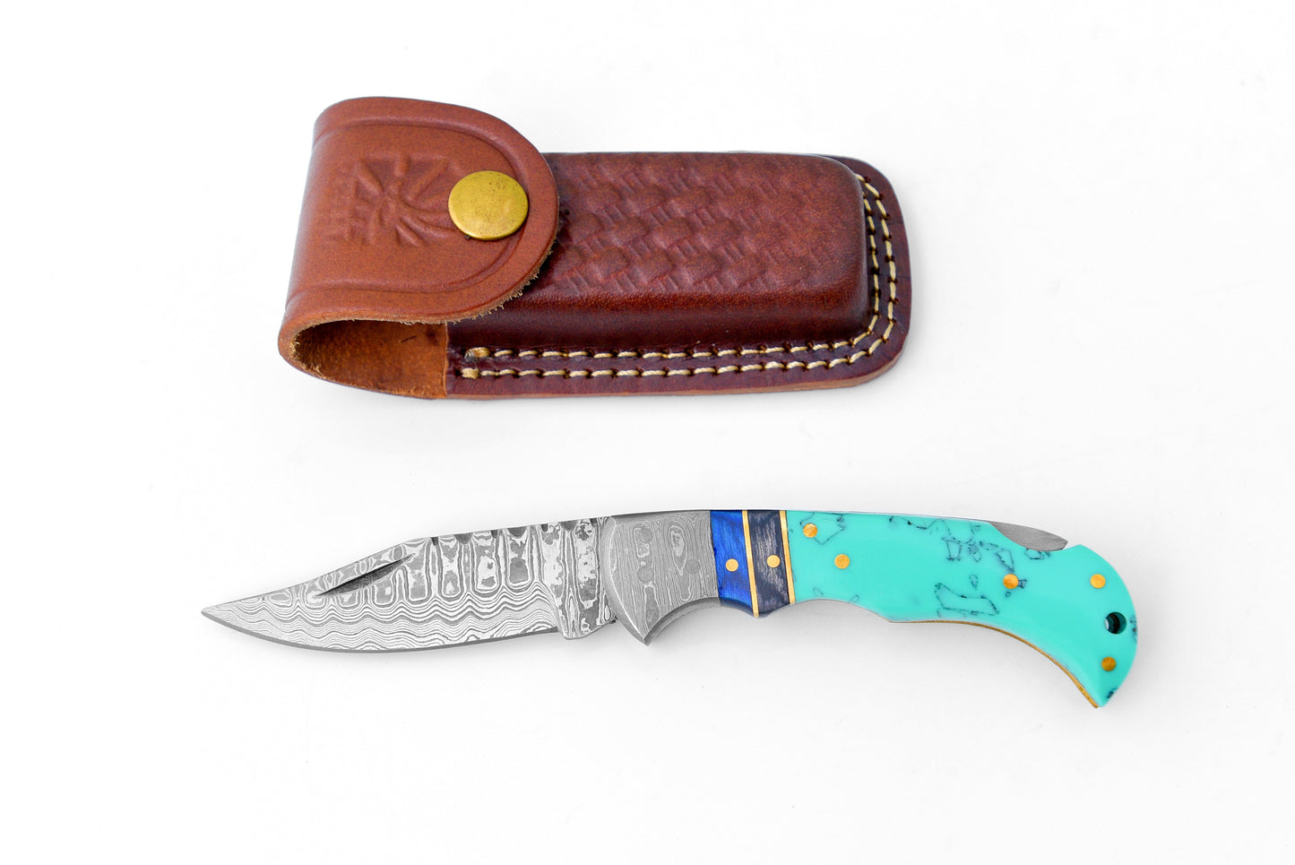 Limited Run - Damascus Steel Pocket Knife Turquoise Resin TF-059