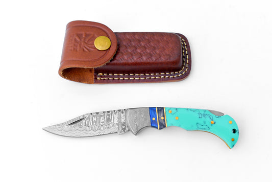 Limited Run - Damascus Steel Pocket Knife Turquoise Resin TF-059