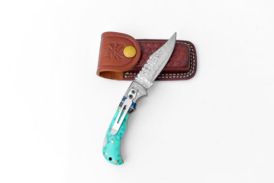 Limited Run - Damascus Steel Pocket Knife Turquoise Resin TF-059