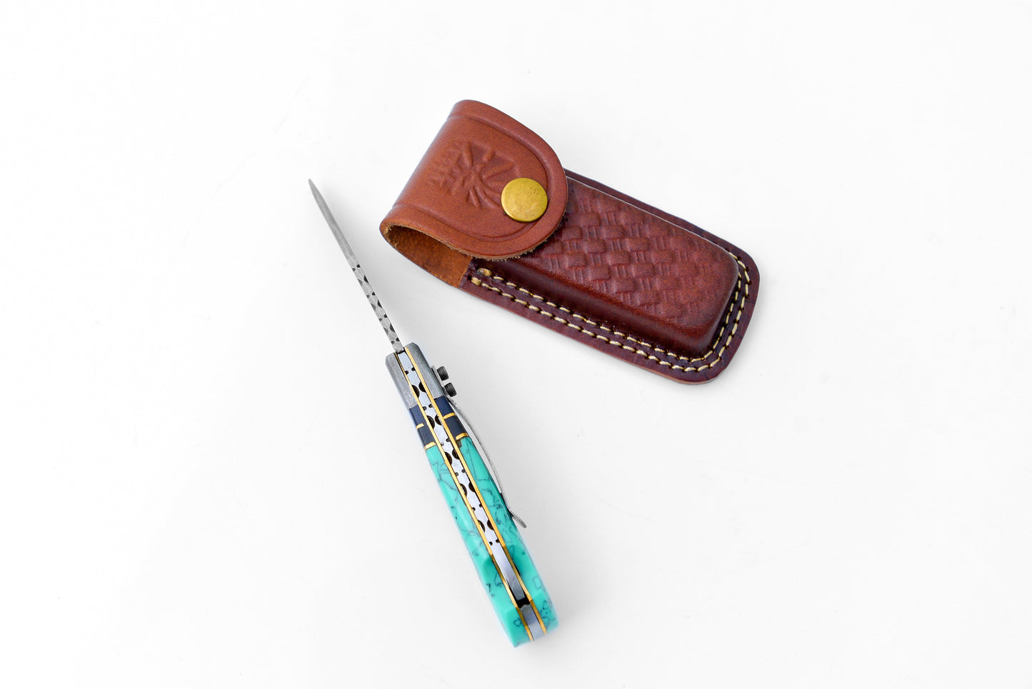 Limited Run - Damascus Steel Pocket Knife Turquoise Resin TF-059