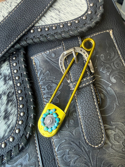 Turquoise Concho Jumbo Hat Pin by Bootleg Silver Co, handmade in Arizona