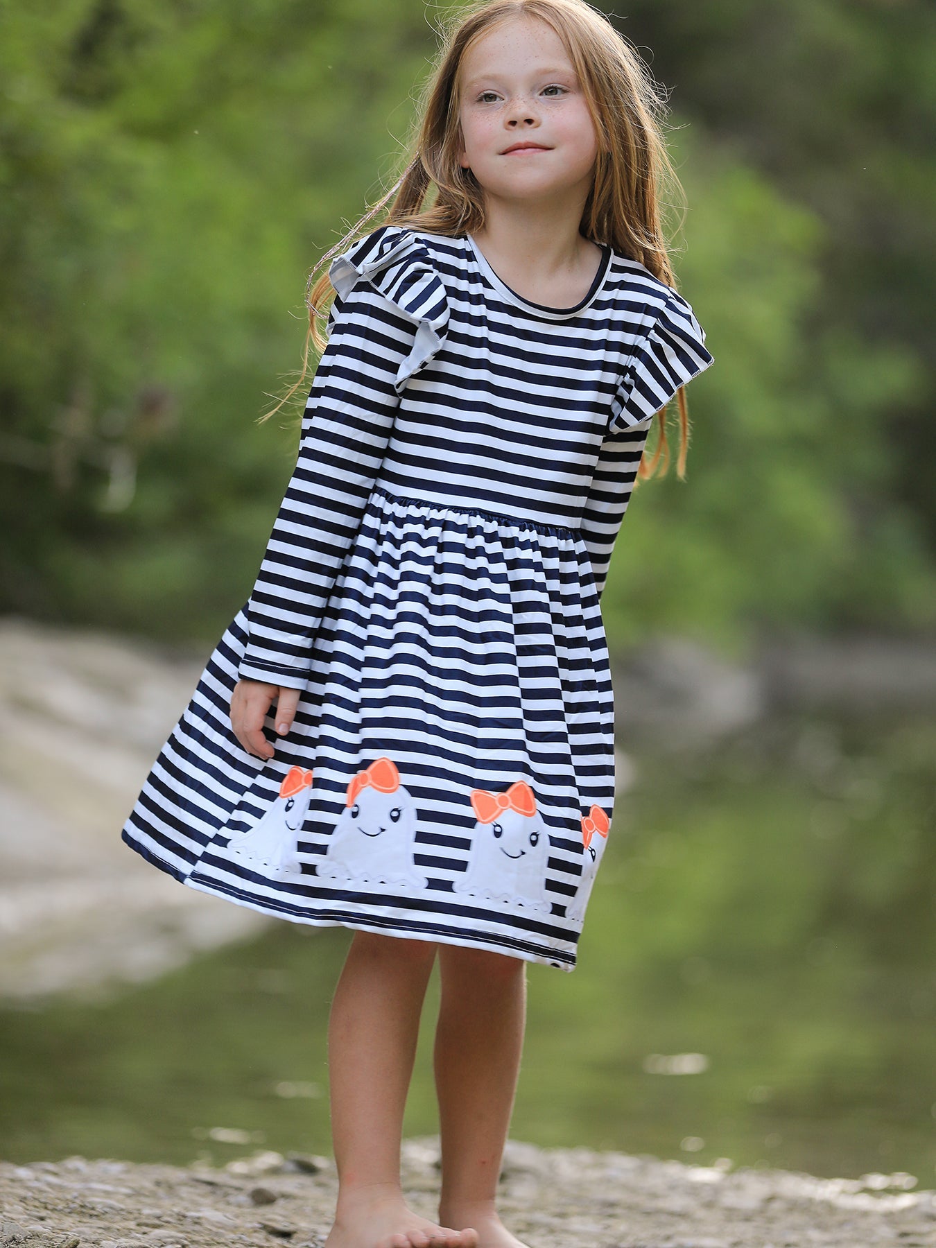Halloween Black and White Striped Print Girls Dress