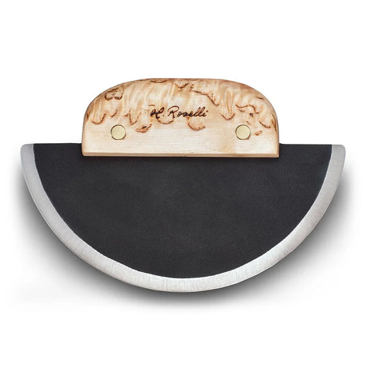Roselli R740 Ulu Knife – Forged Carbon Steel, Curly Birch, Birch Stand