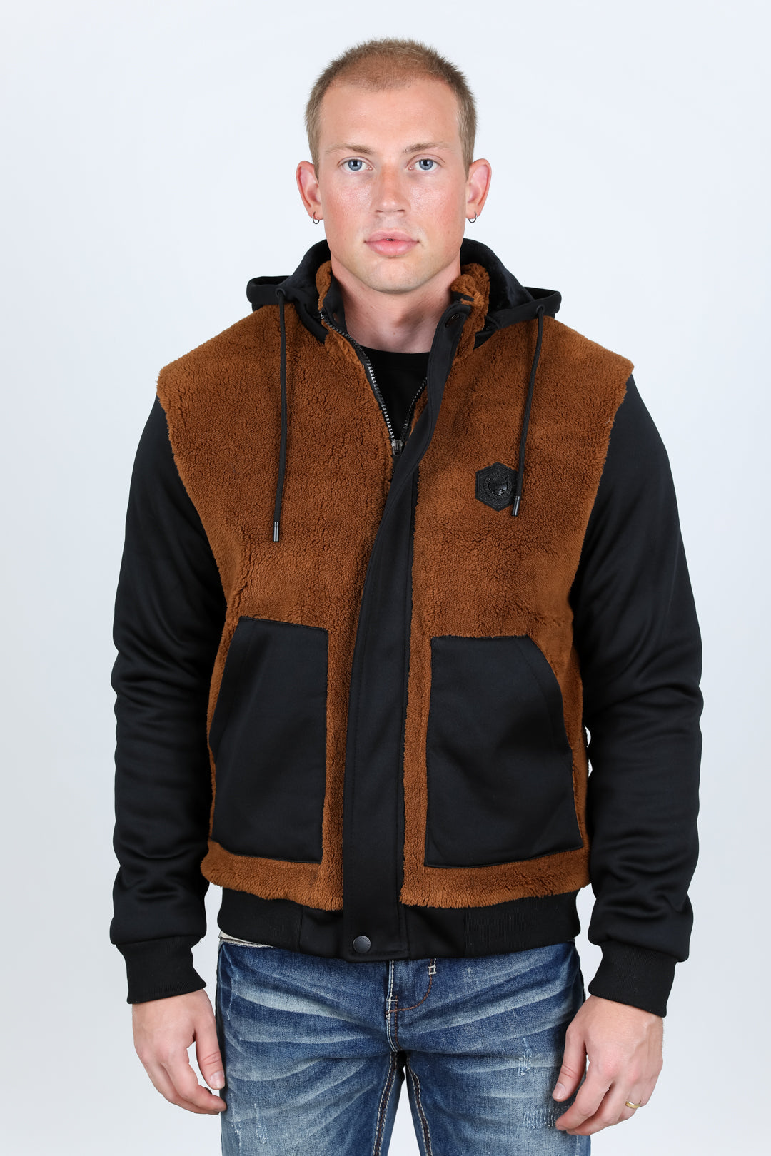 Mens Fur Lined Sherpa Hooded Jacket - Black