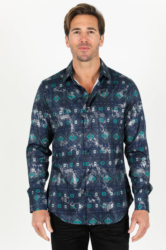 Modern Fit Stretch Foiled Shirt - Navy