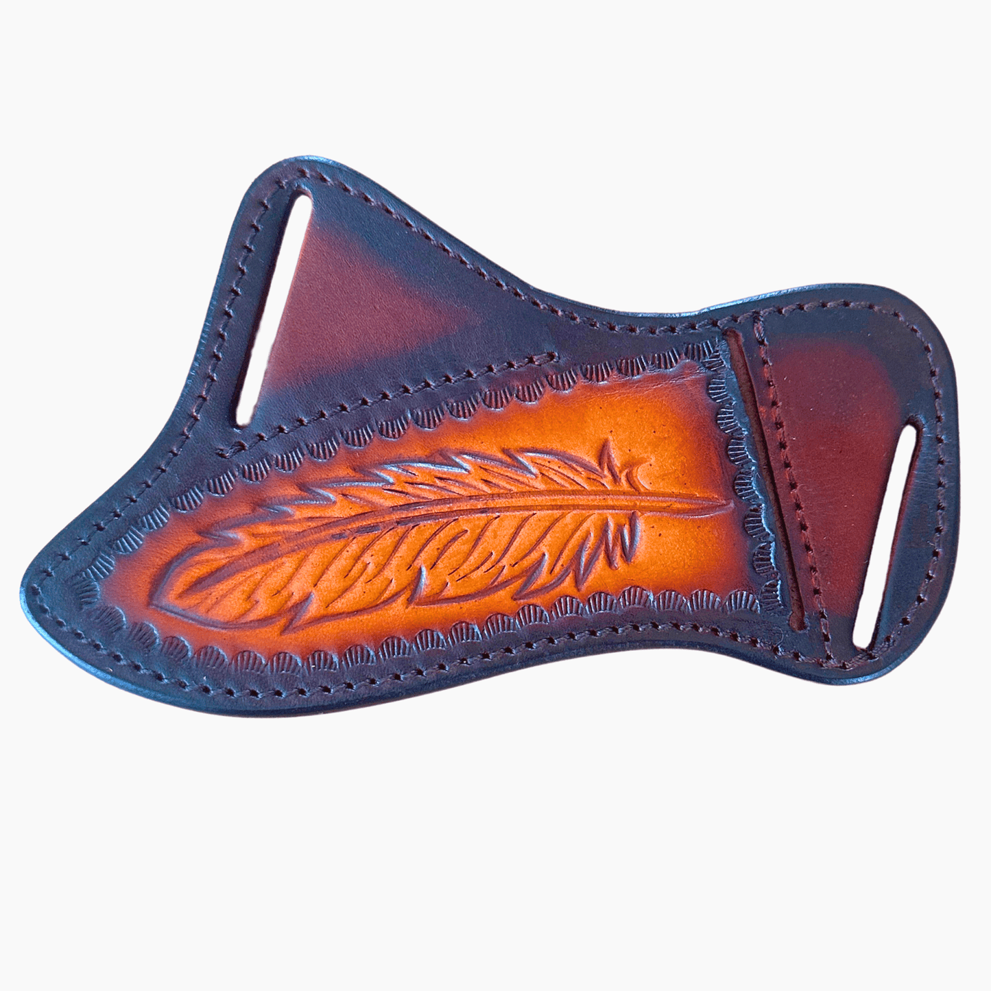 A tooled leather belt buckle featuring a carved feather design over a warm orange-brown gradient background, bordered by dark blue leather and set against a plain white background.