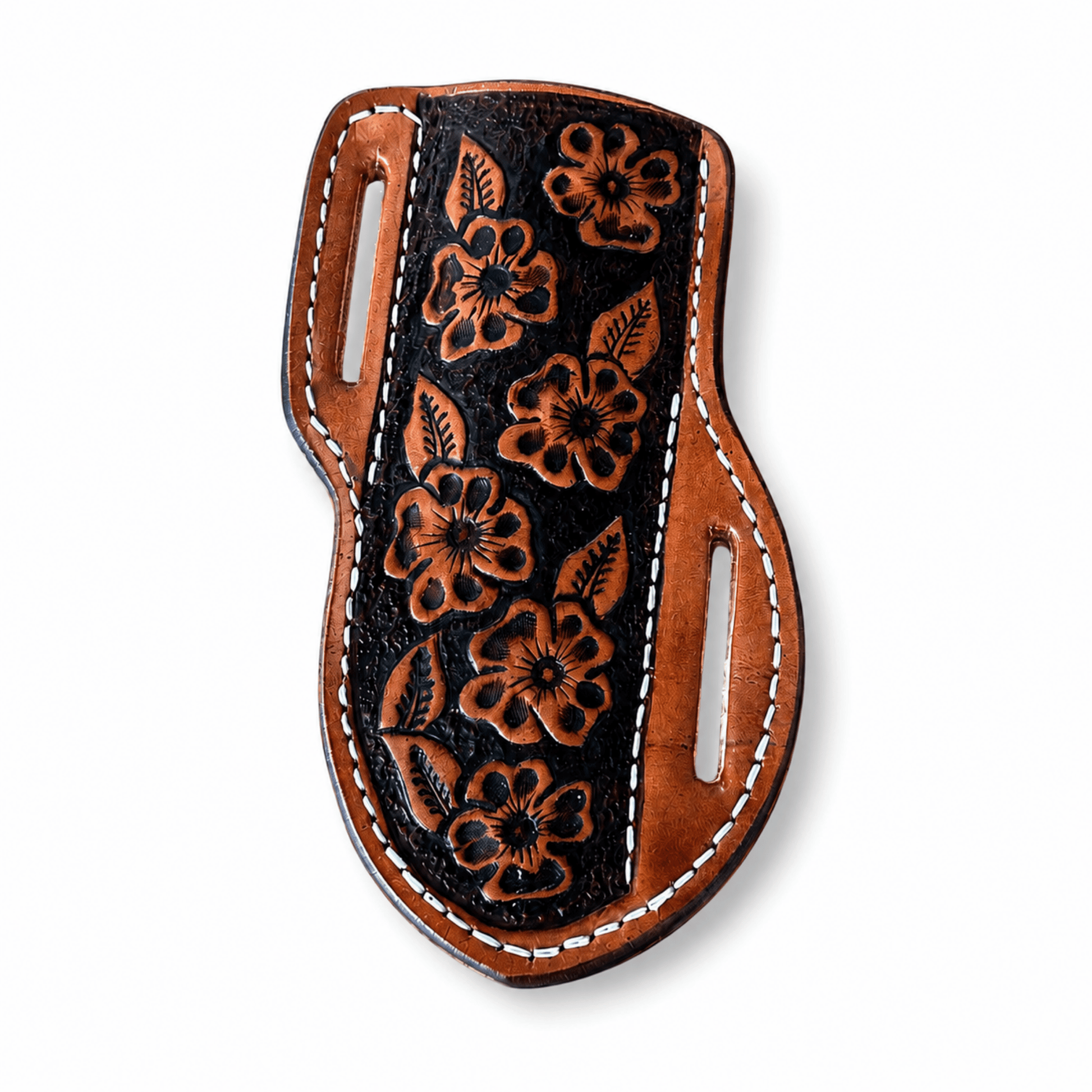 hand stitched floral design angle pancake style knife sheath on white background. Replacement sheath for the Blue Bonnet Cowboy Knife