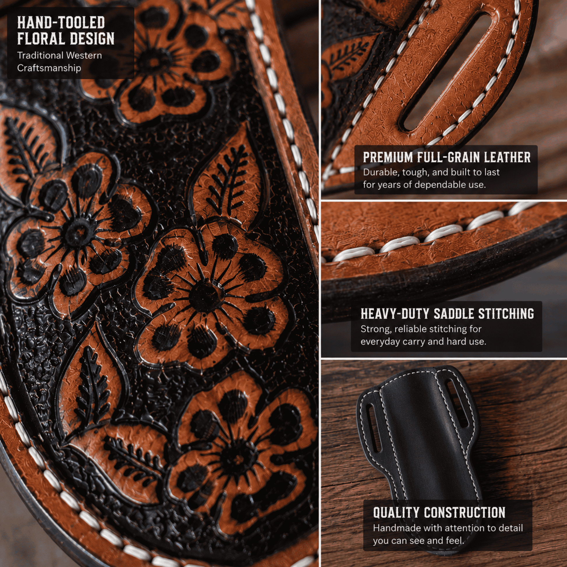 A close-up collage showing details of a hand-tooled leather boot or shoe sole with floral embossing, premium full-grain leather, heavy-duty saddle stitching, and a black leather insert on a wooden surface. Text callouts describe the craftsmanship and materials.