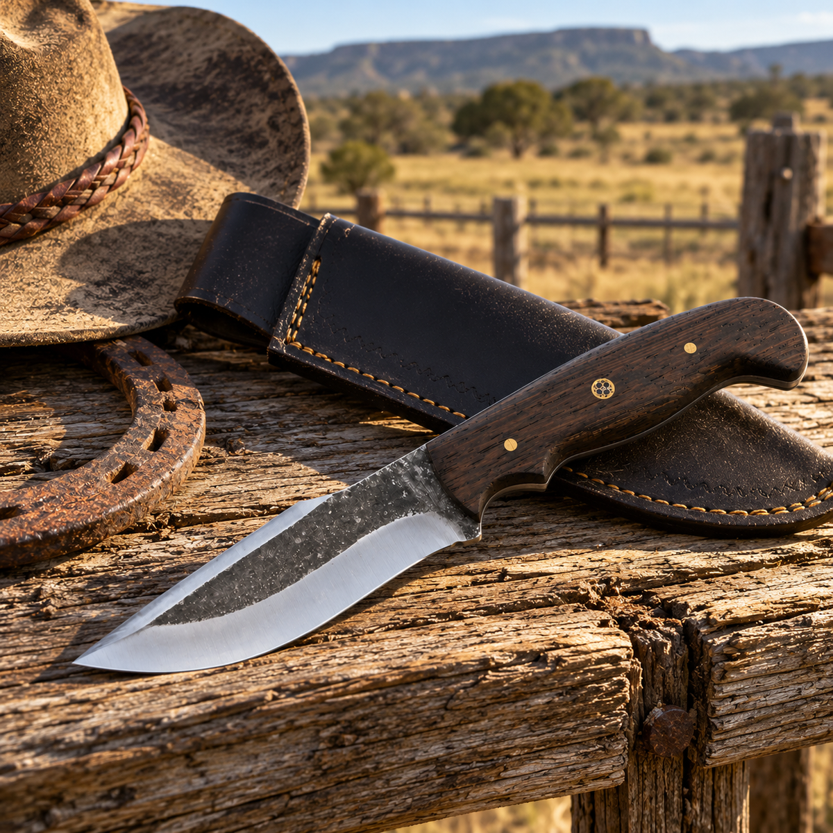 Iron Wrought Fixed Blade Knife – Stainless, Dark Wood Handle & Leather Sheath