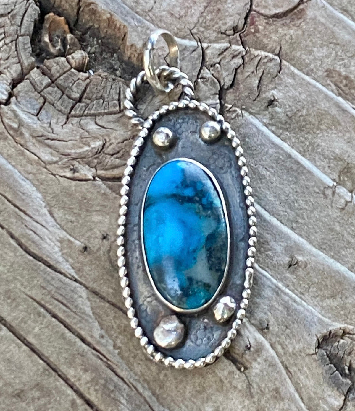 Ithaca Peak Turquoise Shadowbox Pendant by Bootleg Silver Co, handmade in Arizona